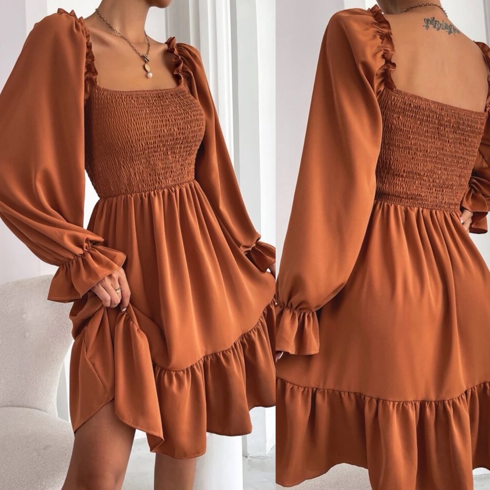 Shirred bust square neck long sleeve mini dress ruffle boho gypsy camel brown - Picture 7 of 11